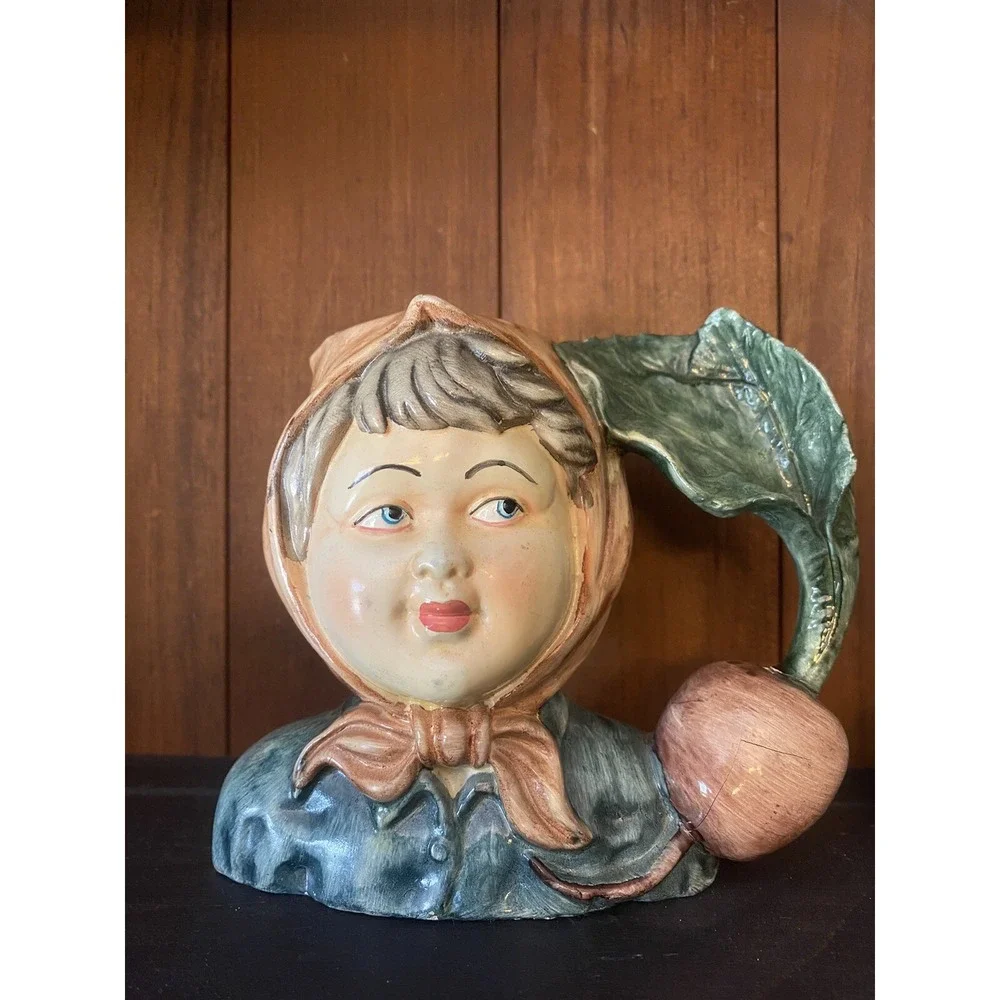 2 Vintage Jug Head Figural Girl Boy Vase Mug w/vegetable Radish Eggplant handle